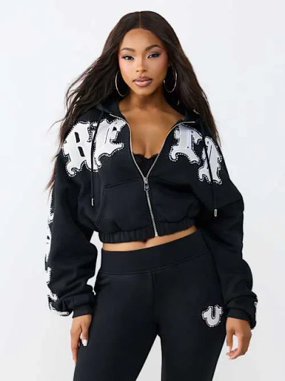 True Religion Women's Crystal Relaxed Girlfriend Zip Hoodie In Black