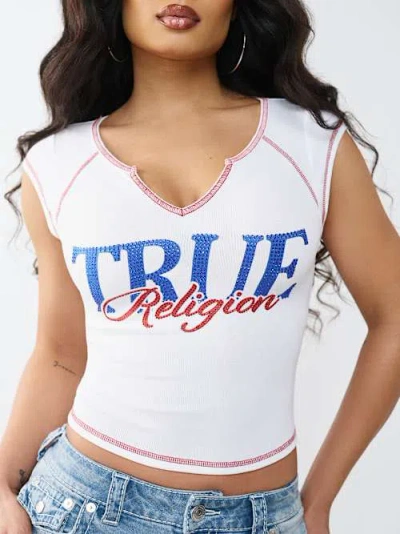 True Religion Women's Crystal Ribbed Notched Baby T-shirt In White