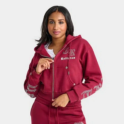 True Religion Women's Crystal Script Logo Shrunken Full-zip Cropped Hoodie In Burgundy