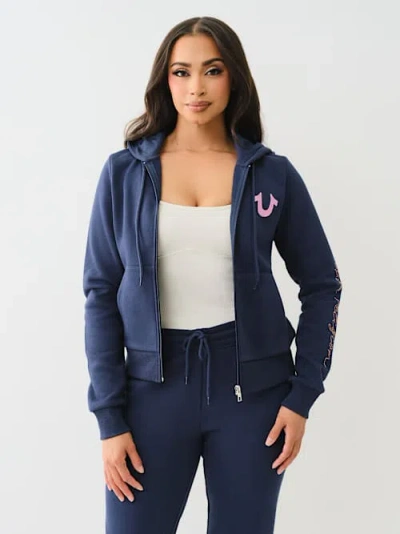 True Religion Women's Crystal Script Logo Zip Hoodie In Blue