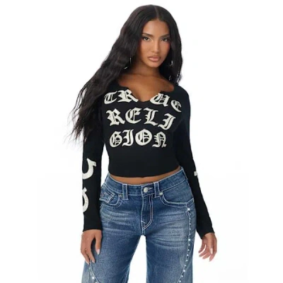 True Religion Women's Crystal Script Long Sleeve Notch Ribbed T-shirt In Black