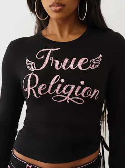 True Religion Women's Crystal Side Rouch Baby Long Sleeve T-shirt In Black