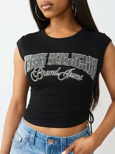 True Religion Women's Crystal Side-ruched Baby T-shirt In Black