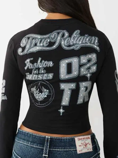 True Religion Women's Crystal Sporty Long Sleeve Baby T-shirt In Black