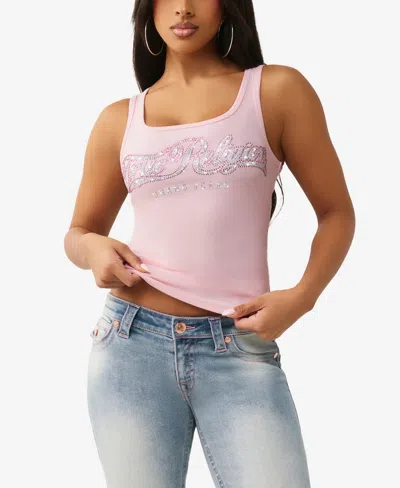 True Religion Women's Crystal Square Neck Rib Tank In Pink