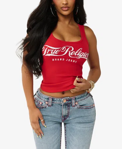 True Religion Women's Crystal Square Neck Rib Tank In Red
