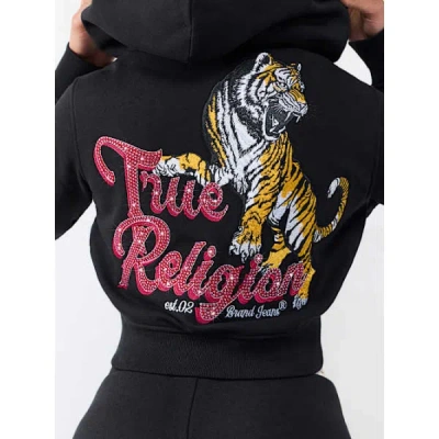 True Religion Women's Crystal Tiger Shrunken Zip Hoodie In Black
