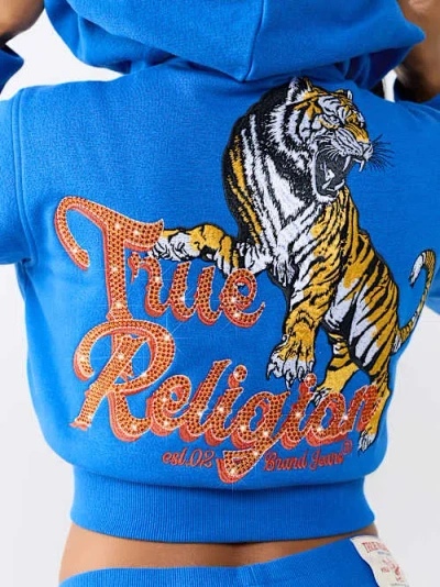 True Religion Women's Crystal Tiger Shrunken Zip Hoodie In Blue