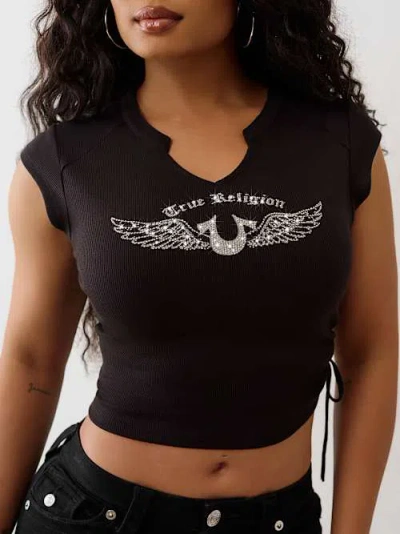 True Religion Women's Crystal V Notch Side Ruch Top In Black