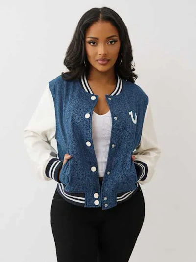 True Religion Women's Crystal Wing Denim Varsity Jacket In Blue