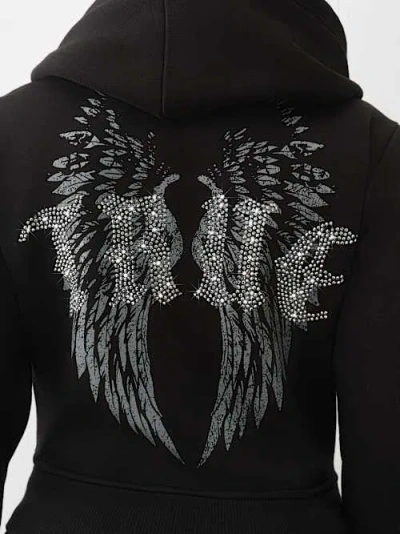 True Religion Women's Crystal Wing Shrunken Zip Hoodie In Black