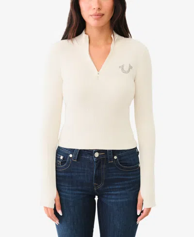 TRUE RELIGION WOMEN'S CRYSTAL ZIP MOCK NECK TOP