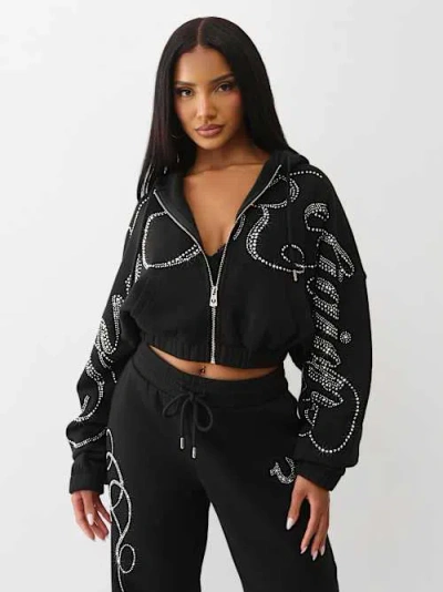 True Religion Women's Crystal Zip Up Hoodie In Black