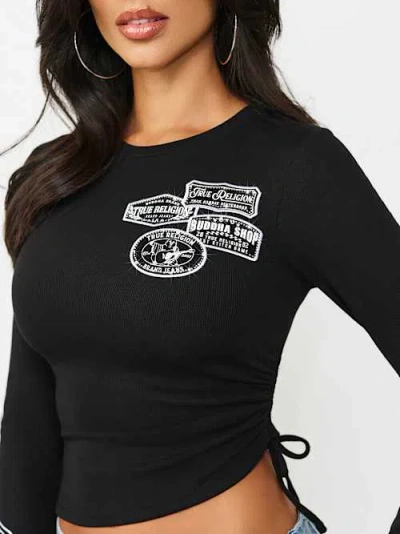 True Religion Women's Denim Appliqé Asymmetrical Ribbed T-shirt In Black