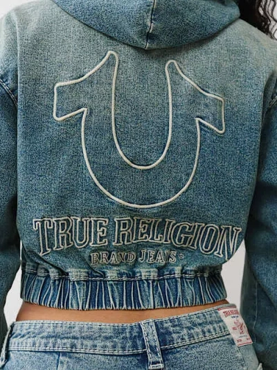 True Religion Women's Denim Big T Zip Up Hoodie In Blue