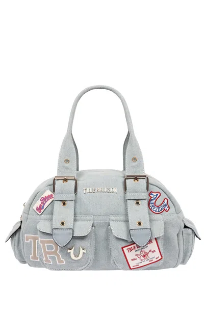 True Religion Women's Denim Blue Multi Patch Satchel Bag