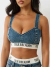 True Religion Logo Band Denim Crop Top In Blue