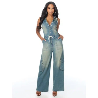 True Religion Women's Denim Hooded Cargo Jumpsuit In Blue
