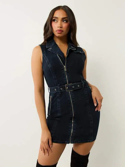 True Religion Women's Denim Sleeveless Moto Mini Dress