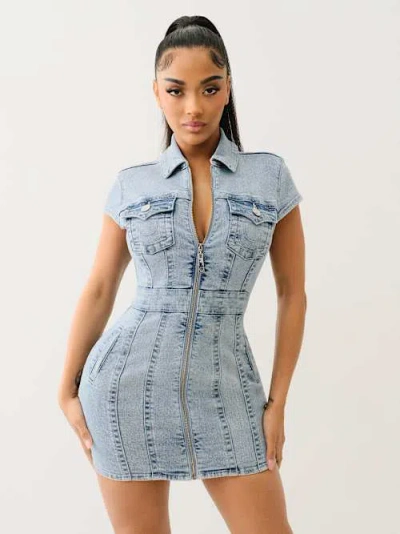 True Religion Women's Denim Zip Front Mini Dress