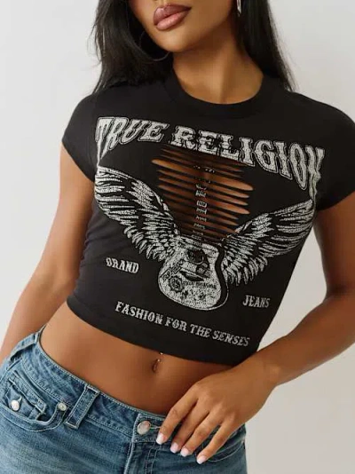 True Religion Women's Distressed Cap Sleeve Baby T-shirt In Black