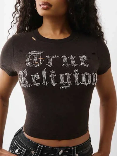 True Religion Women's Distressed Crystal Logo T-shirt In Black