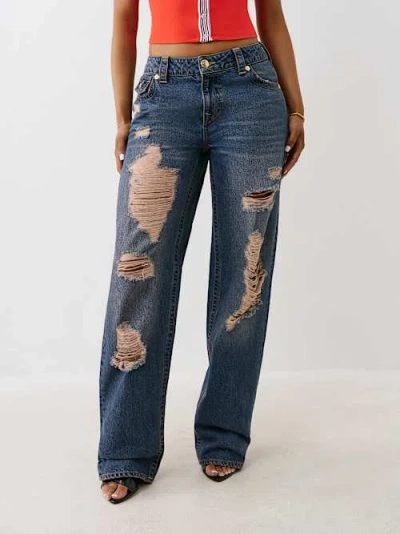 True Religion Women's Distressed Mid Rise Relaxed Jean In Blue