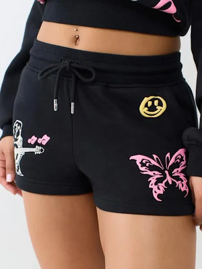 True Religion Women's Doodle Mid Rise Lounge Fleece Short In Black