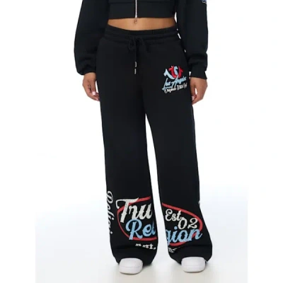 True Religion Women's Embroidered Mid Rise Wide Leg Sweatpant In Black