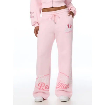 True Religion Women's Embroidered Mid Rise Wide Leg Sweatpant In Pink