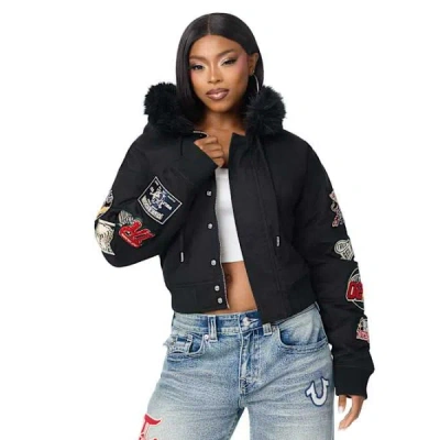 True Religion Women's Embroidered Sherpa Hood Faux Fur Jacket In Black