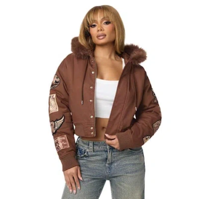 True Religion Women's Embroidered Sherpa Hood Faux Fur Jacket In Brown