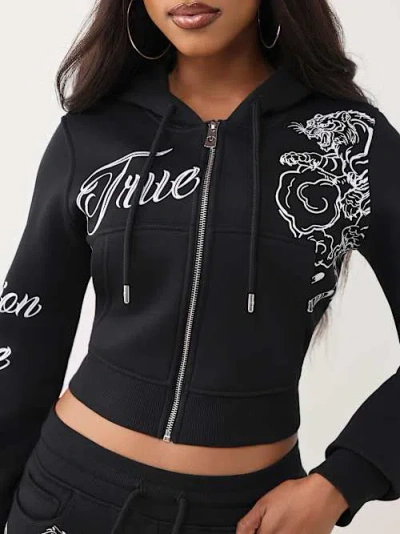 True Religion Women's Embroidered Tiger Shrunken Zip Hoodie In Black