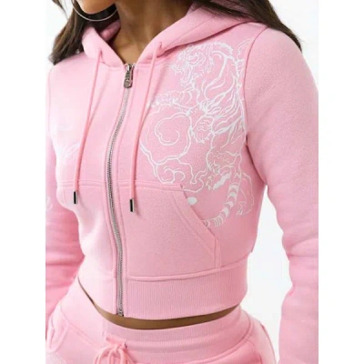 True Religion Women's Embroidered Tiger Shrunken Zip Hoodie In Pink