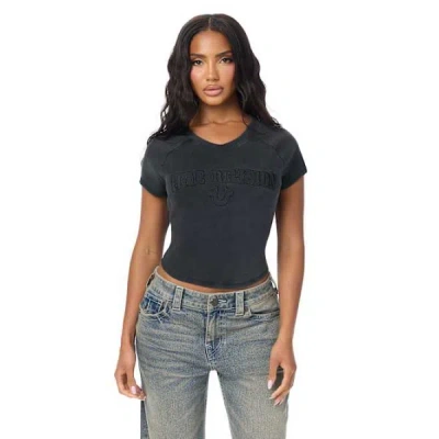 True Religion Women's Embroidered Washed Ribbed Baby T-shirt In Black