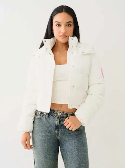 True Religion Women's Faux Patent Leather Hooded Puffer Jacket In White