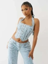 True Religion Women's Foiled Leopard Denim Halter Top
