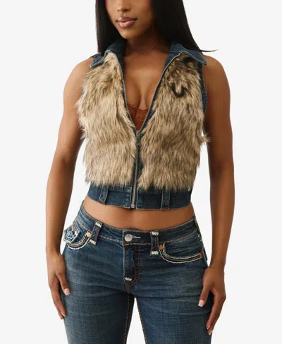 True Religion Women's Fur Denim Vest In Blue