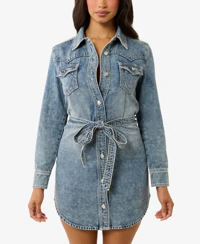 True Religion Women's Georgia Shirt Belted Denim Dress In California Poppy