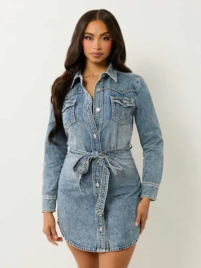 True Religion Women's Georgia Super Qt Belted Shirt Dress