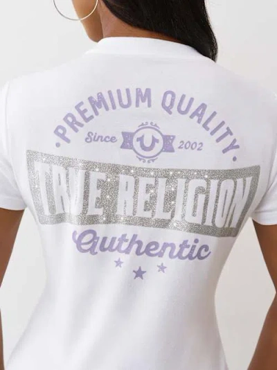 True Religion Women's Glitter Logo V Neck T-shirt In White