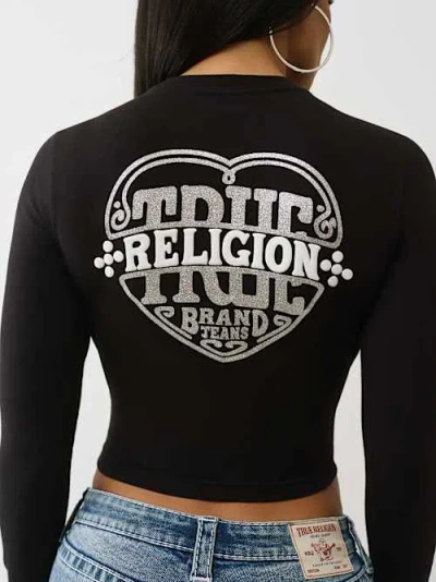 True Religion Women's Glitter Puff Print Long Sleeve Baby T-shirt In Black