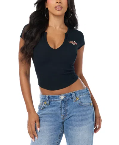 True Religion Women's Graphic Notch-neck Cropped T-shirt In Black