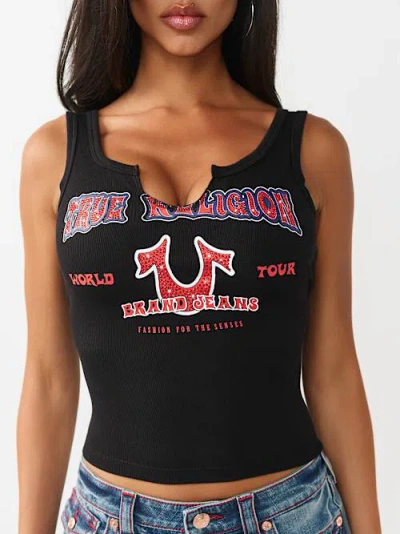 True Religion Women's Heritage World Tour Notch Ribbed Tank Top In Black