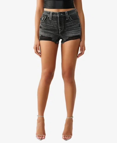 True Religion Frayed High Waist Denim Dolphin Shorts In Black