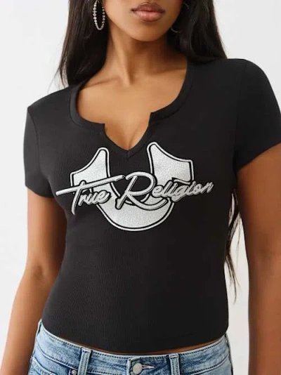 True Religion Women's Horseshoe Glitter V-notch Baby T-shirt In Black