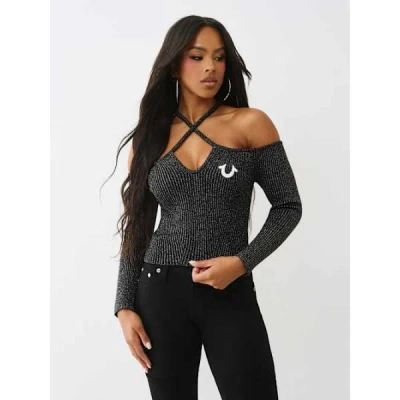 True Religion Women's Horseshoe Lurex Cross Strap Ribbed Long Sleeve Top In Black