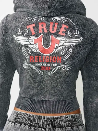 True Religion Women's Horseshoe Wing Faux Denim Hoodie In Gray