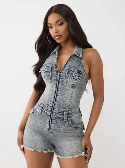 True Religion Women's Jennie Halter Curvy Romper In Blue