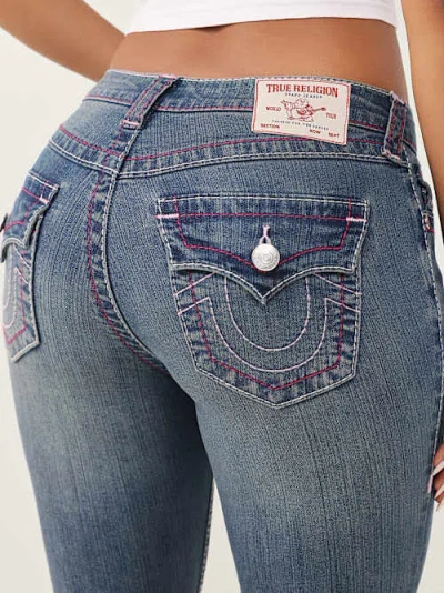 True Religion Women's Jennie Mid Rise Big T Flap Curvy Skinny Jean In Blue